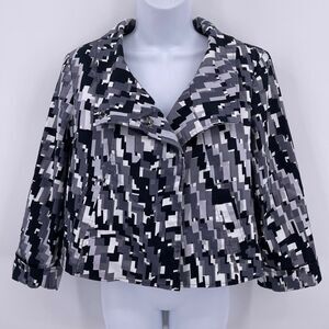Calvin Klein Sz M Cropped Blazer Geometric Boxy Fit 3/4 Sleeve Black White Gray